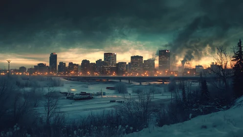 Winter skyline under storm-lit clouds and rising smoke plume.