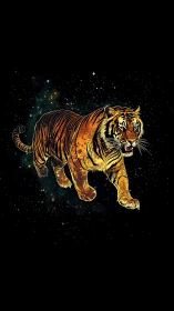 Cosmic tiger strides through nebula-rich starfield void.