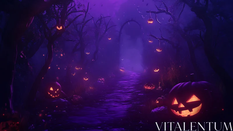 Spectral jack-o-lantern corridor under violet volumetric haze.