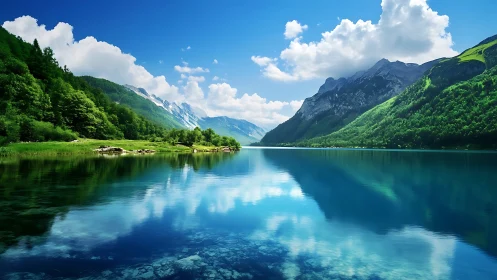 Peaceful mountain lake cradled by bright green valleys.