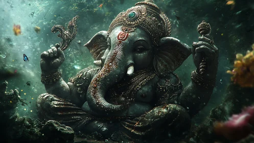 Underwater stone statue of ornate seated elephant figure.