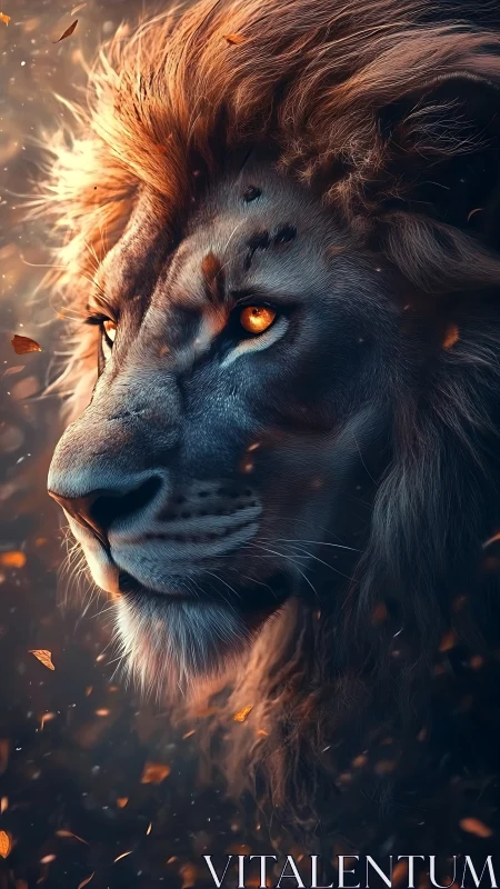 Majestic lion portrait in ember-lit cinematic closeup.