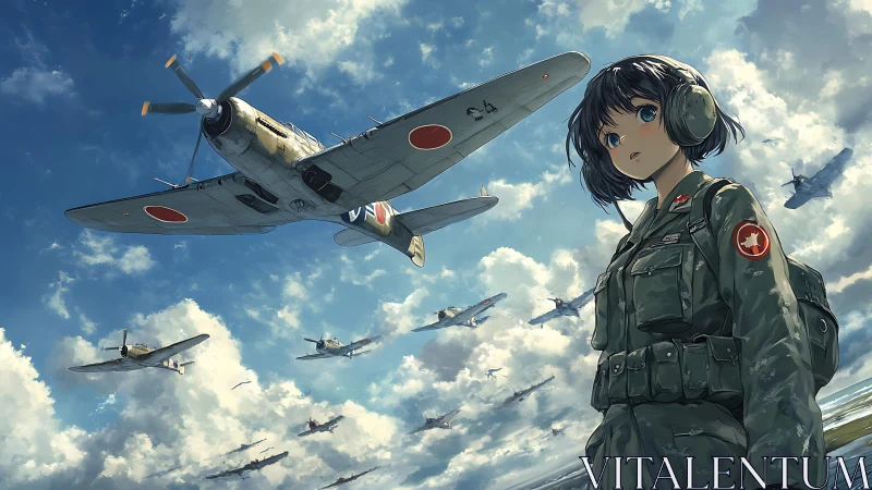 Anime pilot with military aircraft squadron in blue sky.