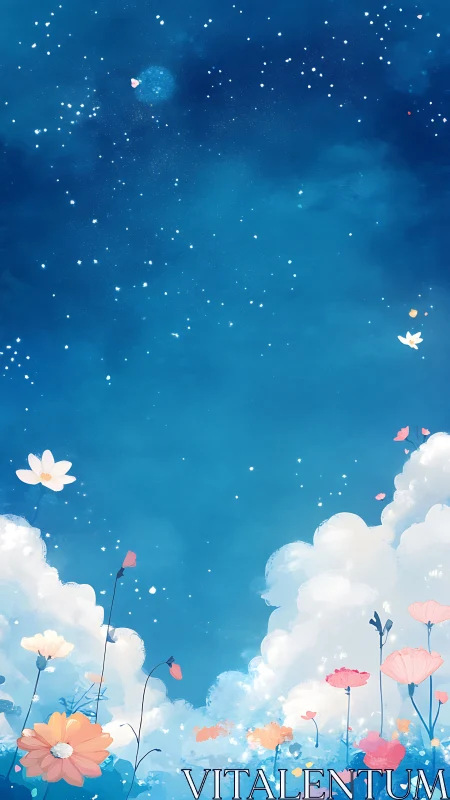 Sky garden drifts into starlight above cotton clouds.