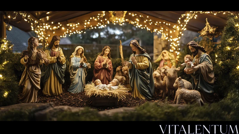 Illuminated nativity scene with figurines and warm garlands.