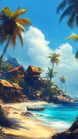 Tropical Beach Settlement With Moored Boat and Palm Trees.