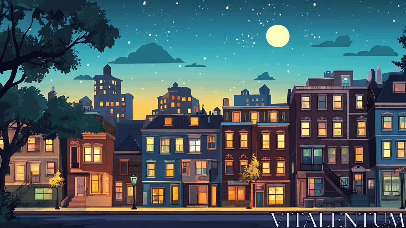 Digital painting of nocturnal row houses under moonlit skyline.