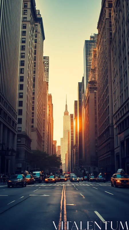 Golden hour traffic streams through a towering city canyon