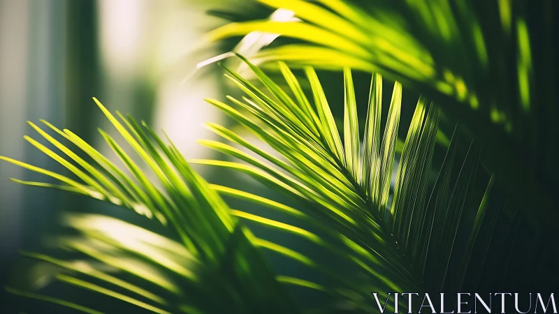 Sunlit palm fronds form overlapping linear structures