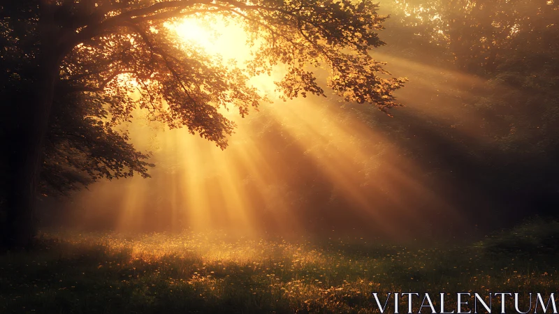 Golden Sun Rays Streaming Through Forest Trees in Morning Light.