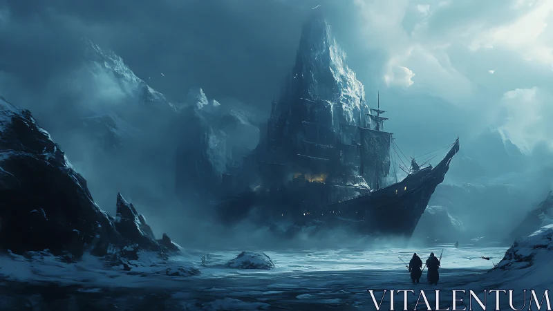 Frozen ghost ship looms beneath towering ice mountain