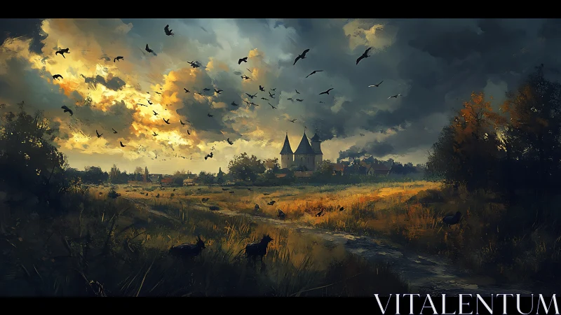 Storm-lit castle rises over brooding fields at dusk.