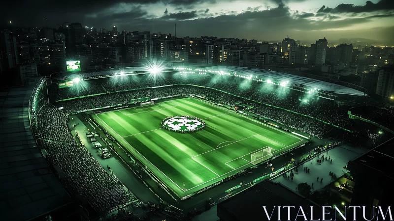 Glowing city stadium under evening sky welcomes fans.