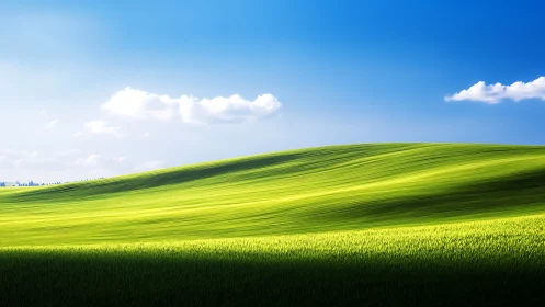 Sunlit rolling green hill beneath a vivid blue sky.