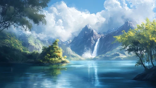 Sunlit alpine lake and waterfall beneath towering clouds.