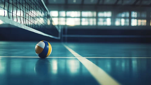 Quiet volleyball court moment with a lone colorful ball.