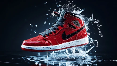 Bold red sneaker splashing through water in crisp detail.
