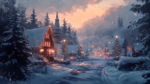 Snowbound village street glows under warm winter sunset