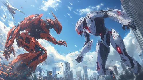 Opposed combat mechs positioned above a modern cityscape.