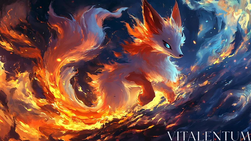 Fire spirit fox dancing through swirling twilight flames.