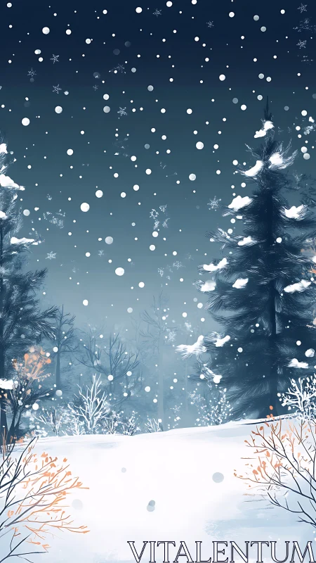 Wintry conifer forest under dense snowfall, stylized dusk palette