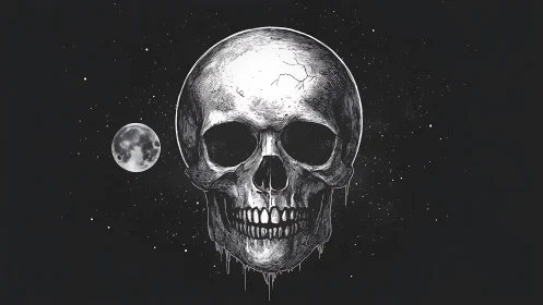 Lunar skull floats in starfield with stark monochrome contrast.