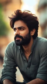 Sunlit wanderer in quiet thought on a hazy evening street.