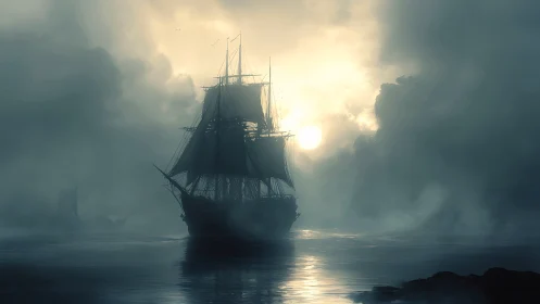 Tall ship sailing through dense sea fog at sunrise.