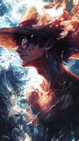 Straw hat sailor stands against crashing luminous ocean