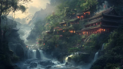 Mountain temple village glows over misty forest waterfalls.