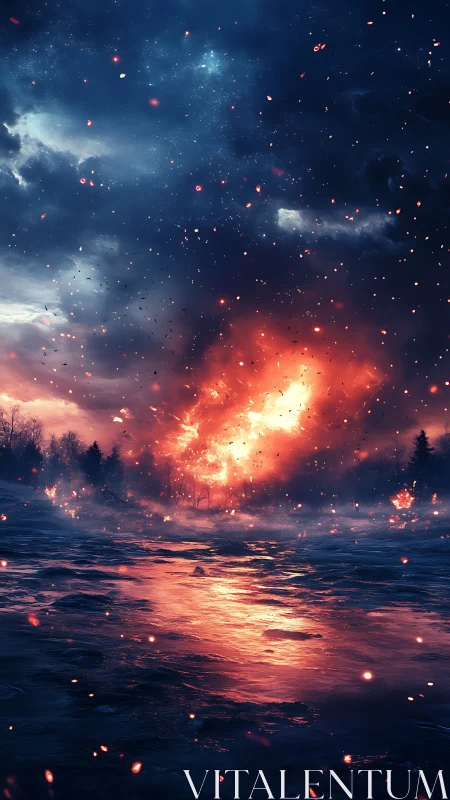 Cataclysmic explosion erupts across nocturnal landscape with cosmic intensity.