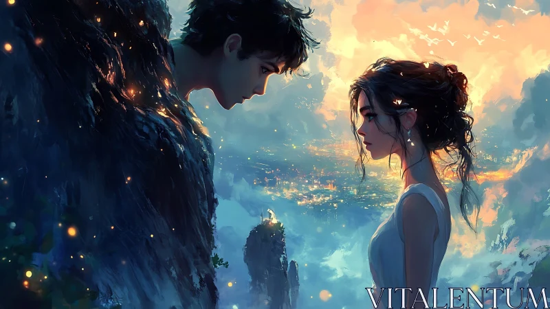 Two figures facing across cliff edge at twilight cityscape.