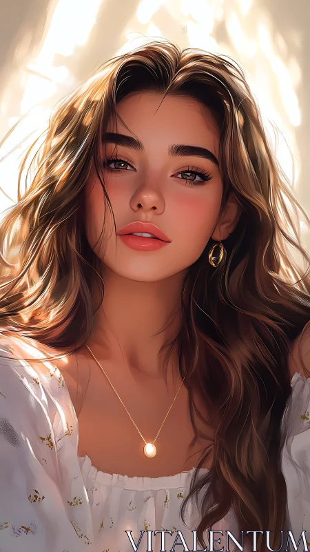 Sunlit brunette portrait in soft-focus digital realism.