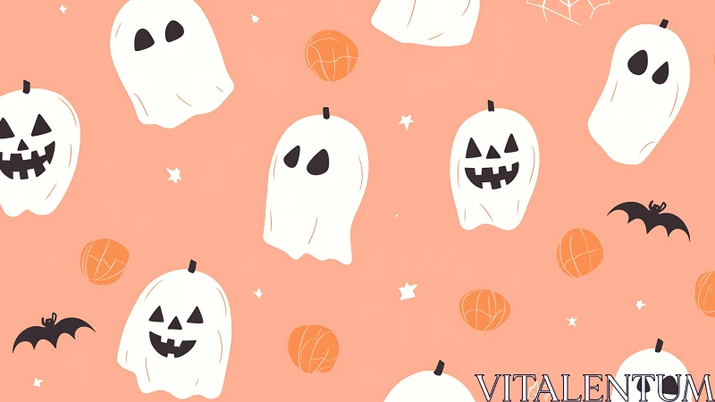 Seamless kawaii Halloween ghosts with pumpkins on coral ground