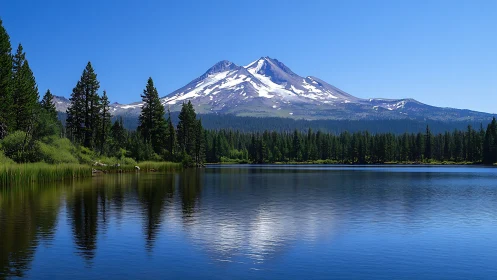 Snowcapped mountain above forested lake with reflections.
