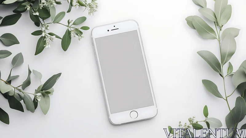 White iPhone on botanical flat lay with green foliage.