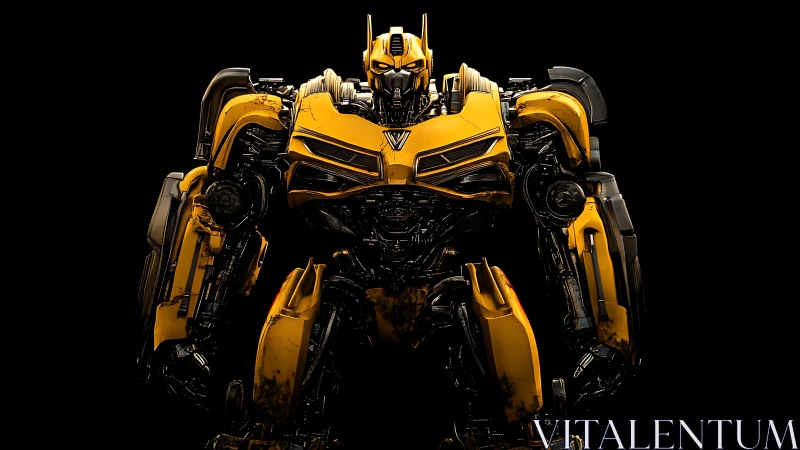 Yellow combat mecha rendered in dramatic studio lighting.