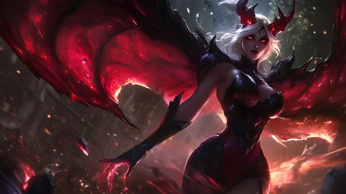 Fiery winged sorceress rising in a storm of crimson power.