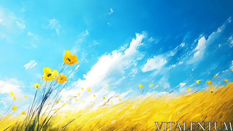 Yellow wildflowers under open blue sky in stylized field.