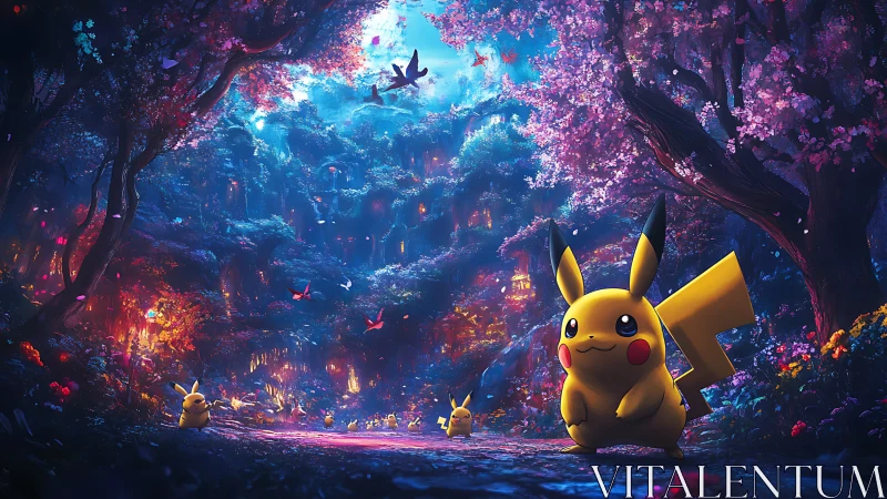 Digital painting of Pikachu in luminous enchanted forestscape.