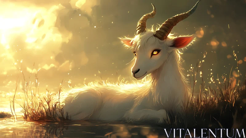 Mythic white goat rests in golden sunset marsh glow.