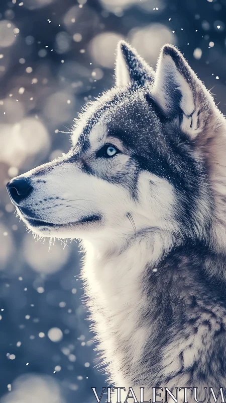 Snowlit husky gaze carved from winter’s quiet breath.