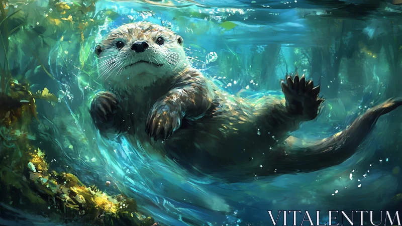 Playful river otter pirouettes through turquoise currents.