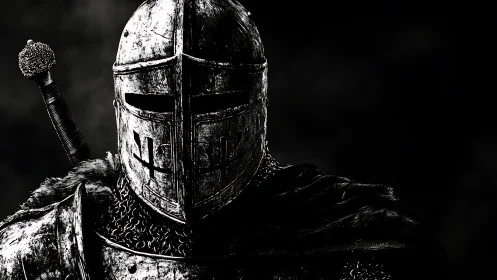 Medieval knight in helmeted armor against dark backdrop.