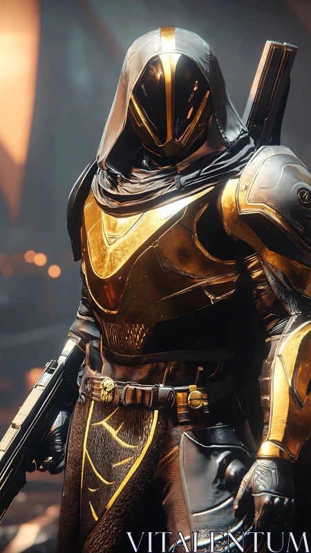 Golden sci fi guardian in sleek armor and flowing hood.