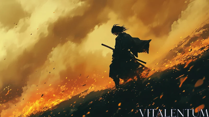 Lone samurai silhouette walks through burning battlefield