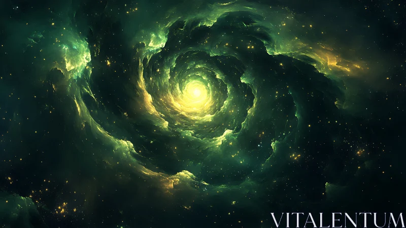 Spiraling cosmic vortex glows with soft golden starlight