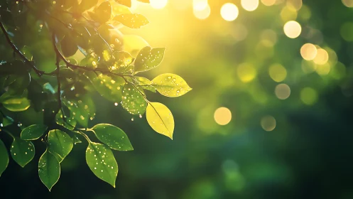 Golden morning light softly embraces fresh green leaves