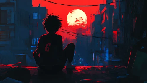 Silhouette watching red urban sunset over neon cityscape.