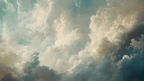 Dramatic sunlit cloudscape with towering bright formations.